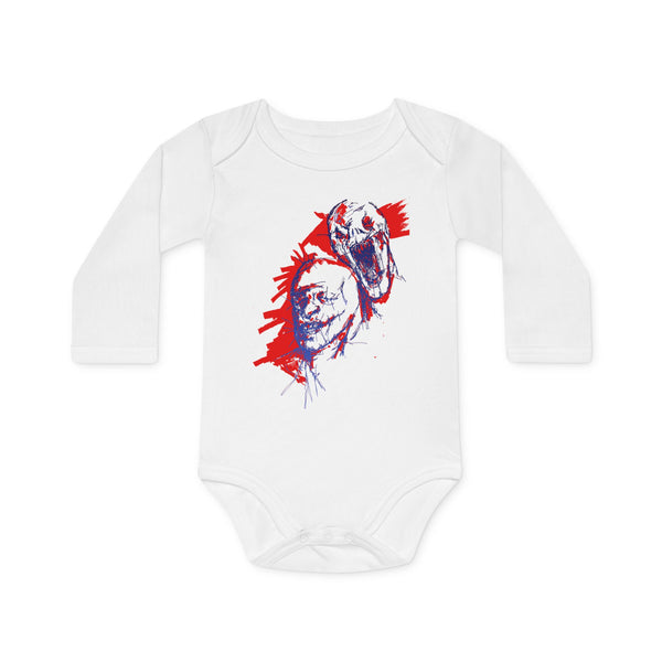 Baby Bodysuit with Red & Blue Skull Art — Edgy Infant Long-Sleeve Organic Onesie