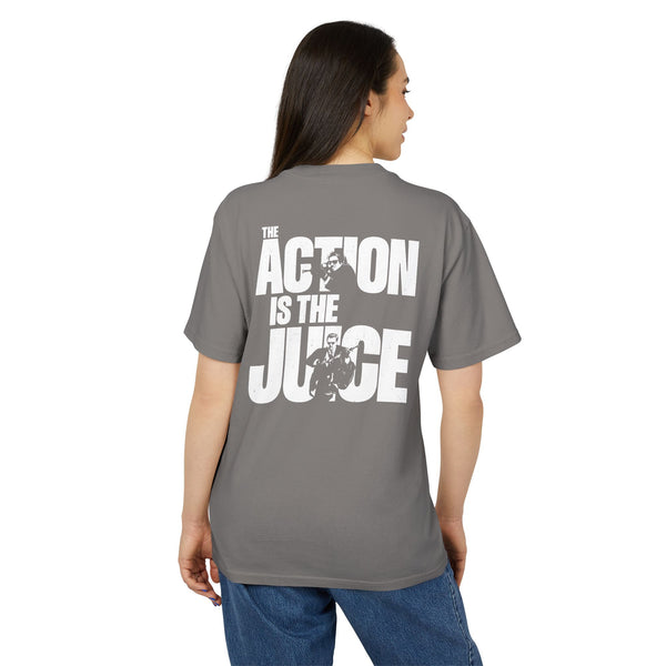 Action Is The Juice Graphic Tee — Motivational Back Print Cotton Shirt