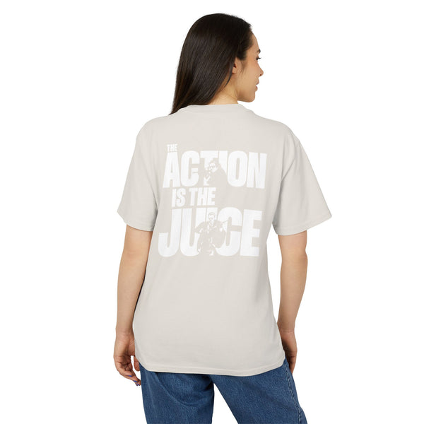 Action Is The Juice Graphic Tee — Motivational Back Print Cotton Shirt