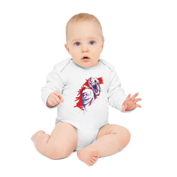 Baby Bodysuit with Red & Blue Skull Art — Edgy Infant Long-Sleeve Organic Onesie